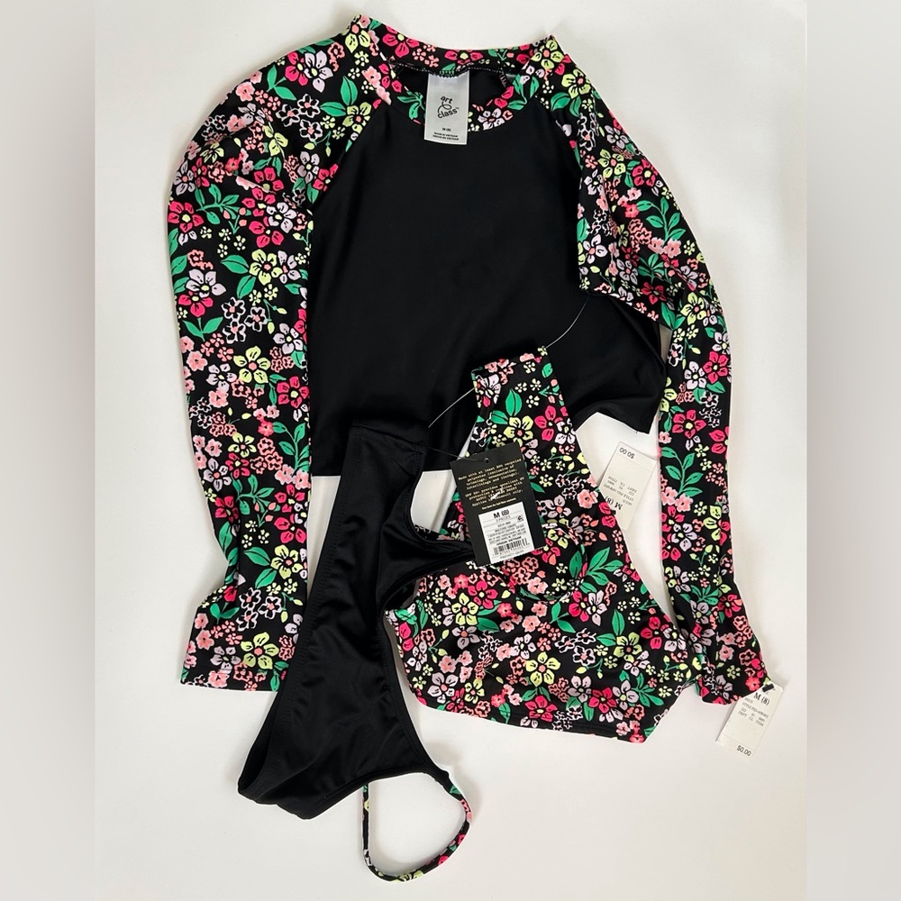 Art Class Girls Bikini with over shirt, Size M(8), black and floral print.